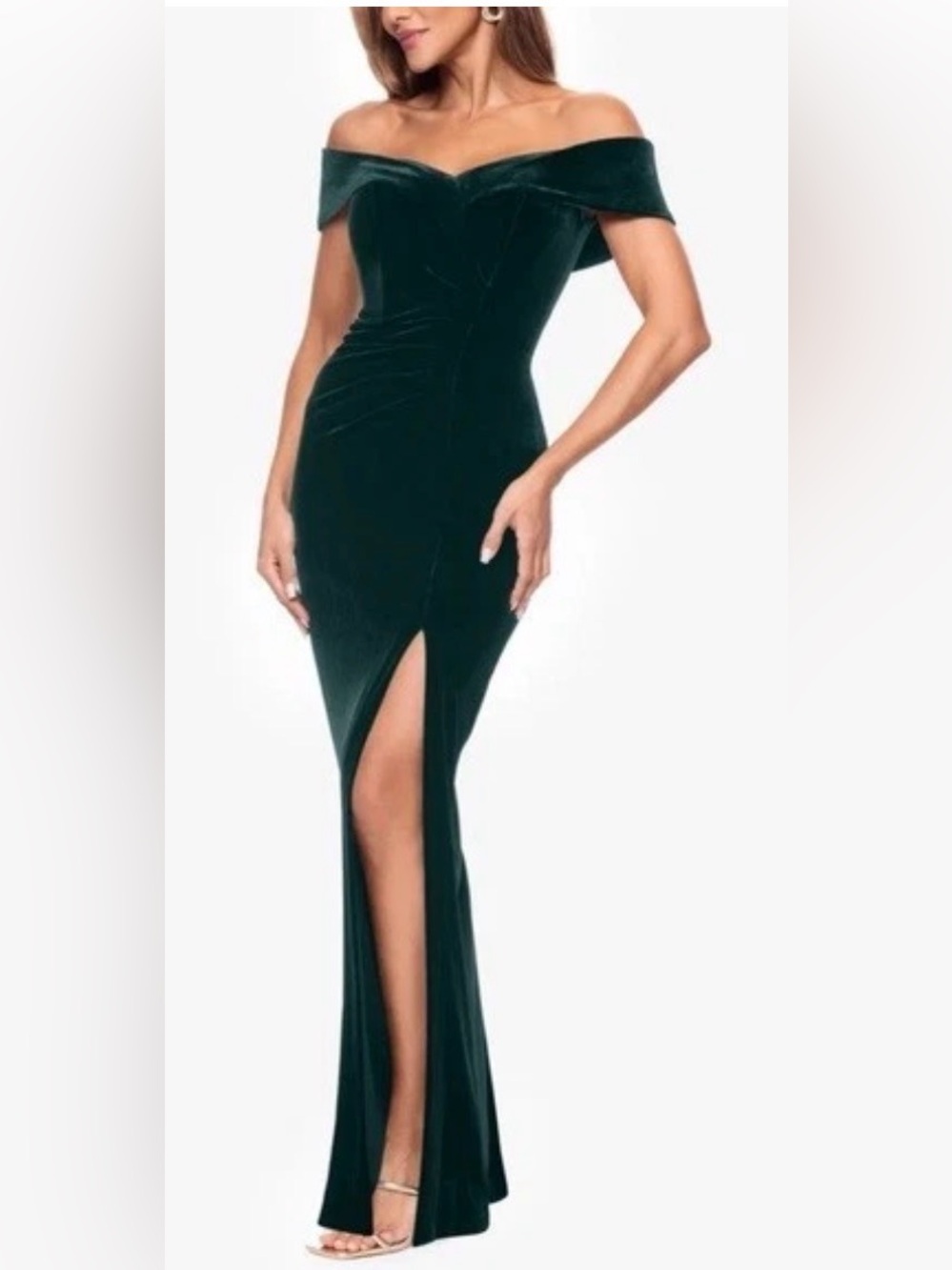 Xscape Off Shoulder Emerald Green Velvet Evening Gown 14